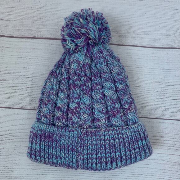 Kids Blue and Purple Stocking Hat with Pom Folded Cuff Fleece Interior Small - Picture 5 of 12